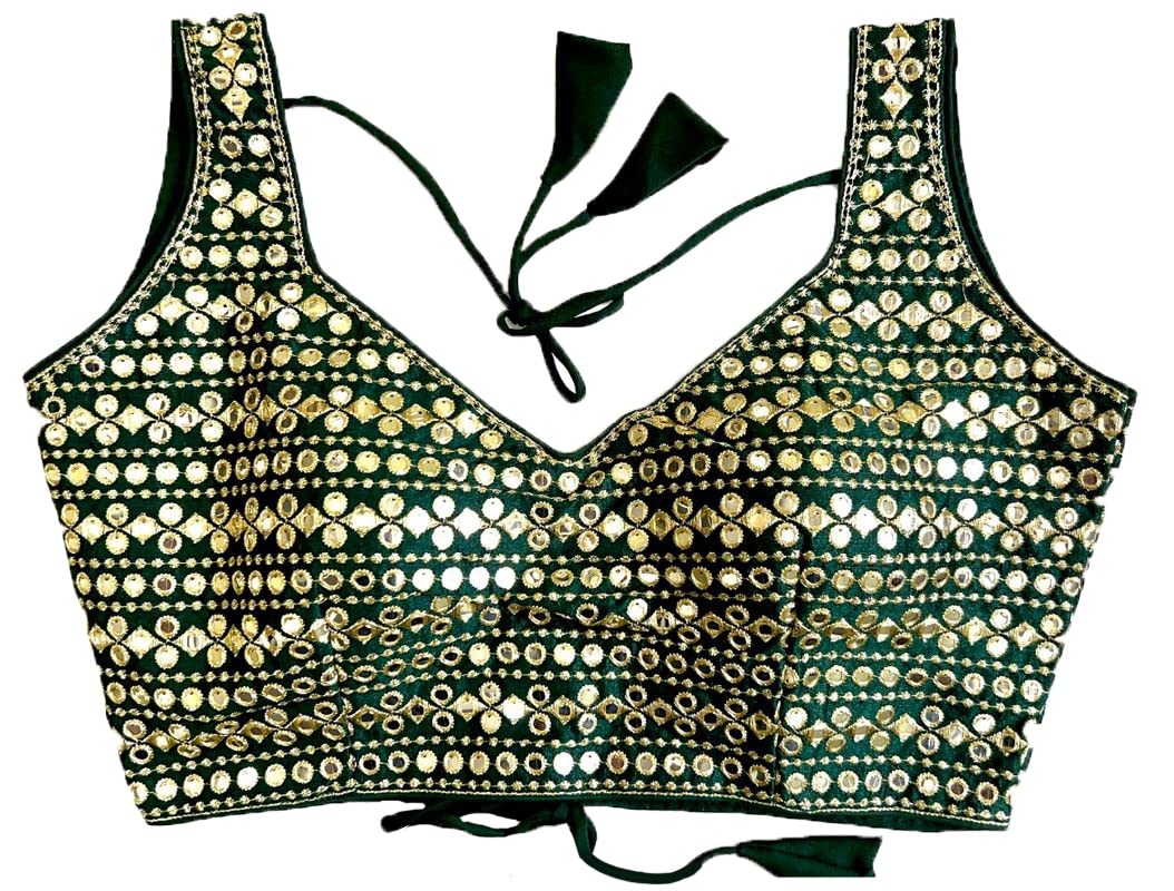 Vihu Fashion Womens Readymade Sweetheart Neck Sleeveless Mirror Saree Blouse.(Paper Foil Bottle Green_38)