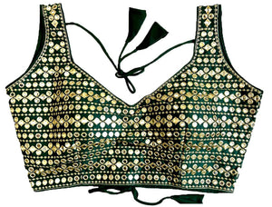 Vihu Fashion Womens Readymade Sweetheart Neck Sleeveless Mirror Saree Blouse.(Paper Foil Bottle Green_38)