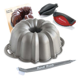 Nordic Ware Platinum Silver Anniversary 12 Cup Bundt Pan With Cleaning Tool + Kitchen Grips Pot Holder and Recipe Card