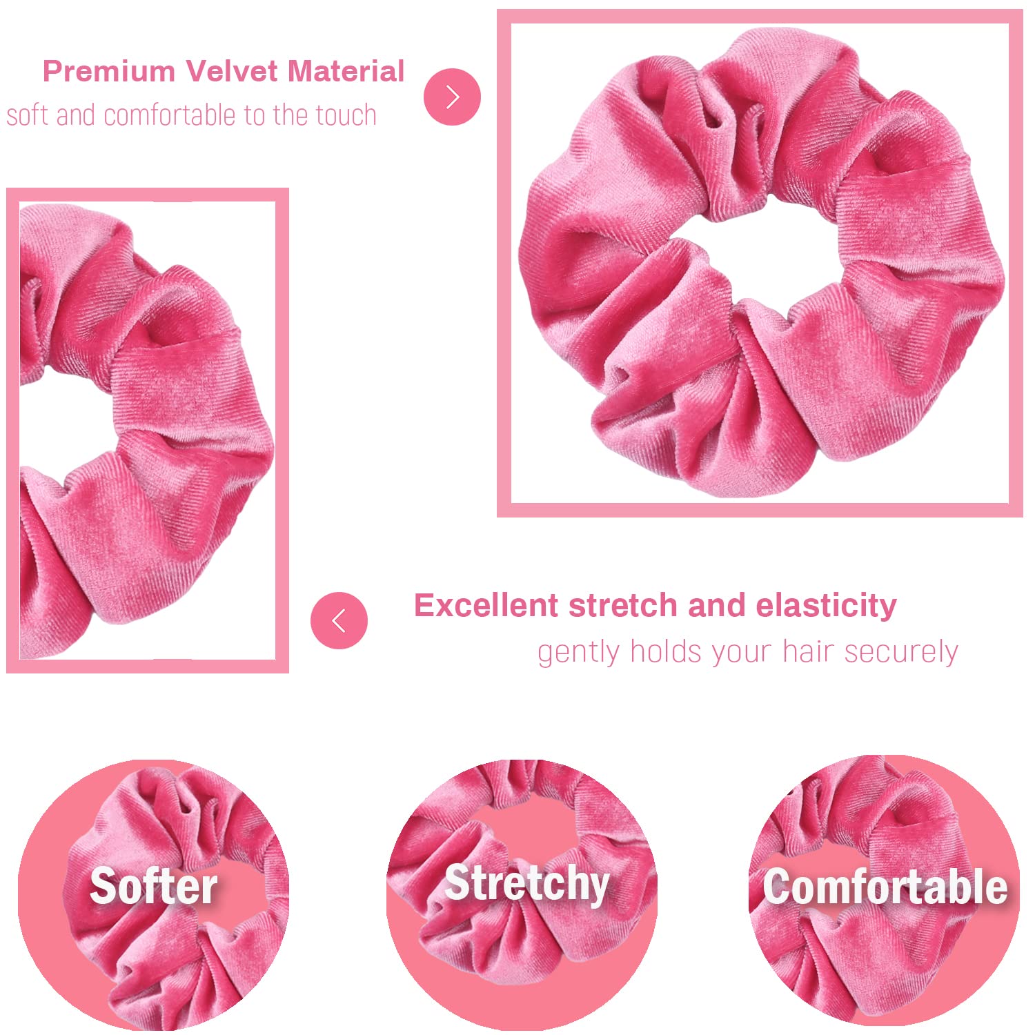IVARYSS Bubble Pink Scrunchies, Premium Velvet Soft Hair Scrunchy Bulk, Solid Colors Thick Elastic Bands, Hair Accessories for W