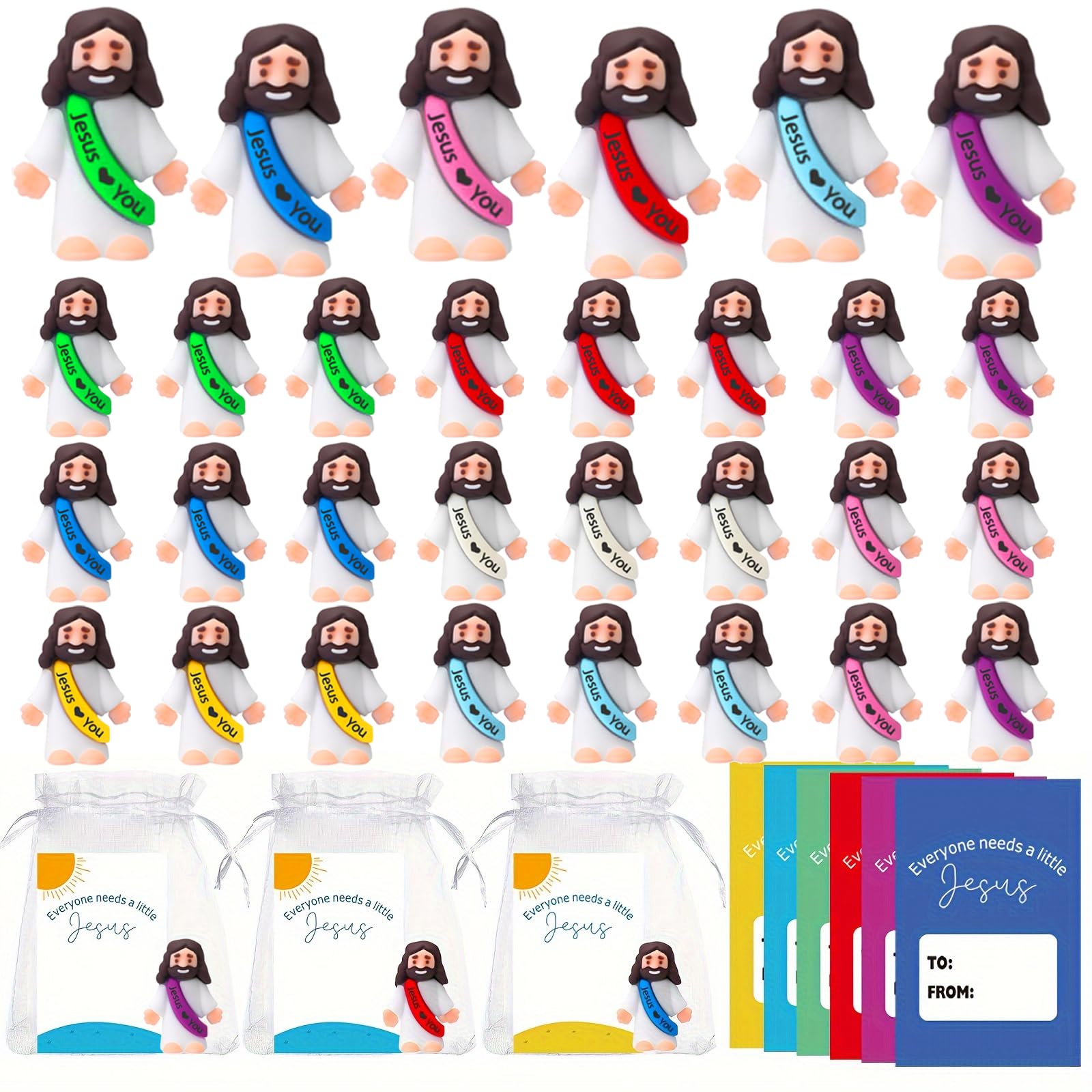 Holydeck 24 Pack Little Jesus Figurines Toys Set Jesus Love You Mini Rubber Toys Includes 24pcs Organza Bag and Gift Cards Perfe