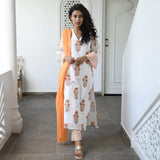 Anni Designer Women'S Cotton Blend Straight Printed Kurta With Pant & Dupatta (Saganeri-Orange_Xxl_Orange_Xx-Large),Orange,2XL,Cotton Blend,Regular,