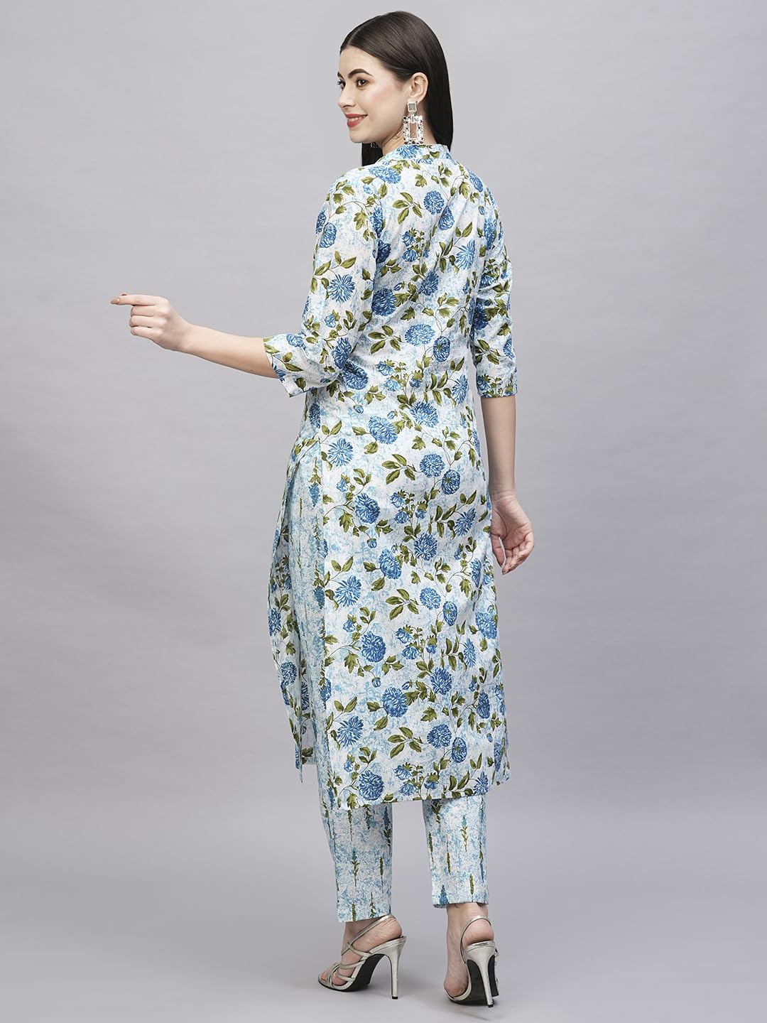 Gosriki Women'S Cotton Blend Straight Printed Kurta With Pant (Dafiya Blue-Gs_Xl_Blue_X-Large),Blue,,B0CSG3NX6S