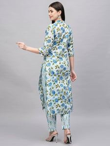 Gosriki Women'S Cotton Blend Straight Printed Kurta With Pant (Dafiya Blue-Gs_Xl_Blue_X-Large),Blue,,B0CSG3NX6S