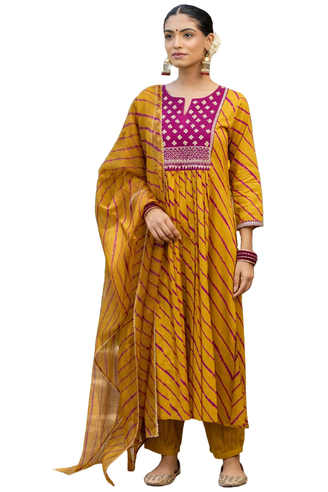 Anni Designer Women'S Rayon Blend Straight Printed Kurta With Pant & Dupatta (Korki Yellow_Xxl_Yellow_Xx-Large),Yellow,2XL