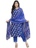 Anni Designer Women'S Cotton Blend Floral Printed Straight Kurta With Pants & With Dupatta (Bulgeriya Blue-Nw-Cmd_S_Blue_Small),Blue,S