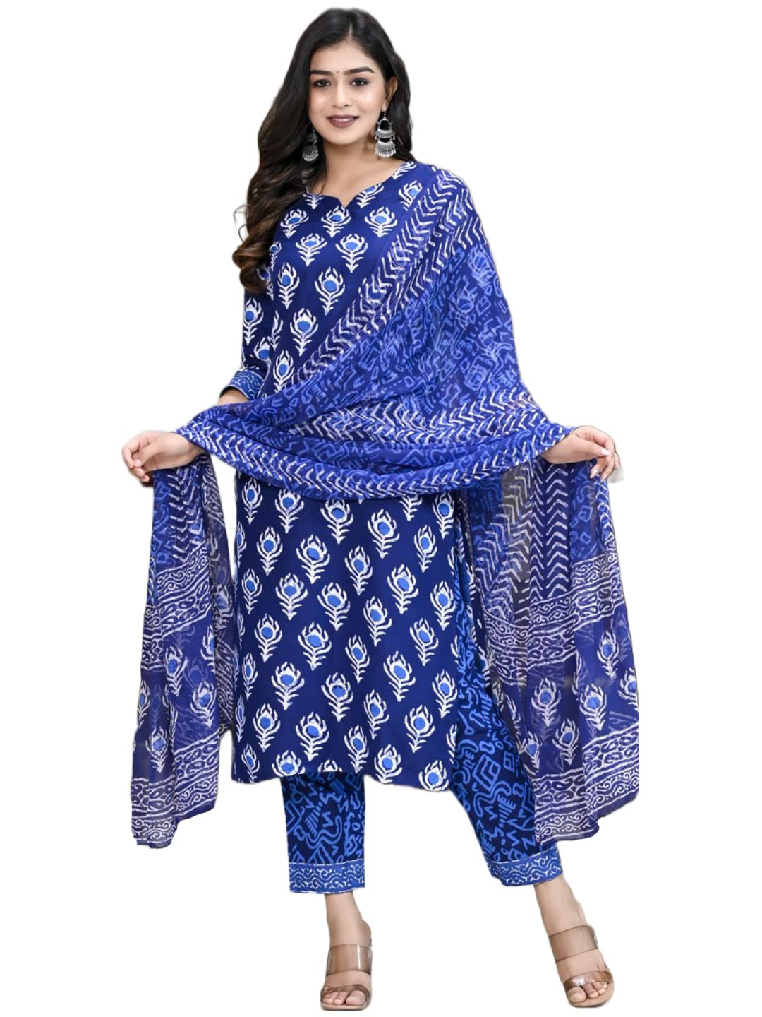 Gosriki Women'S Cotton Blend Floral Printed Straight Kurta With Pants & With Dupatta (Bulgeriya Blue-Nw-Cmd-Gs_L_Blue_Large),Blue,,B0C6GYVZH9