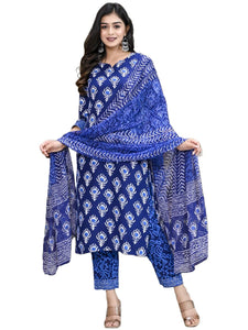 Gosriki Women'S Cotton Blend Floral Printed Straight Kurta With Pants & With Dupatta (Bulgeriya Blue-Nw-Cmd-Gs_L_Blue_Large),Blue,,B0C6GYVZH9