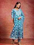 Libas Blue Printed Cotton Anarkali Kurta With Churidar & Dupatta Blue Xl