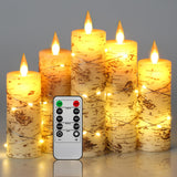 Da by LED Candles Hand Painted Birch Bark Recessed String Candles Set of 5 (Heights: 4, 5, 6, 7, 8) Battery Powered with Dancing