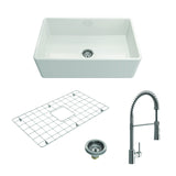 BOCCHI Classico White Apron Front Fireclay 30 in. Single Bowl Kitchen Sink with Protective Bottom Grid, Strainer, and Stainless 