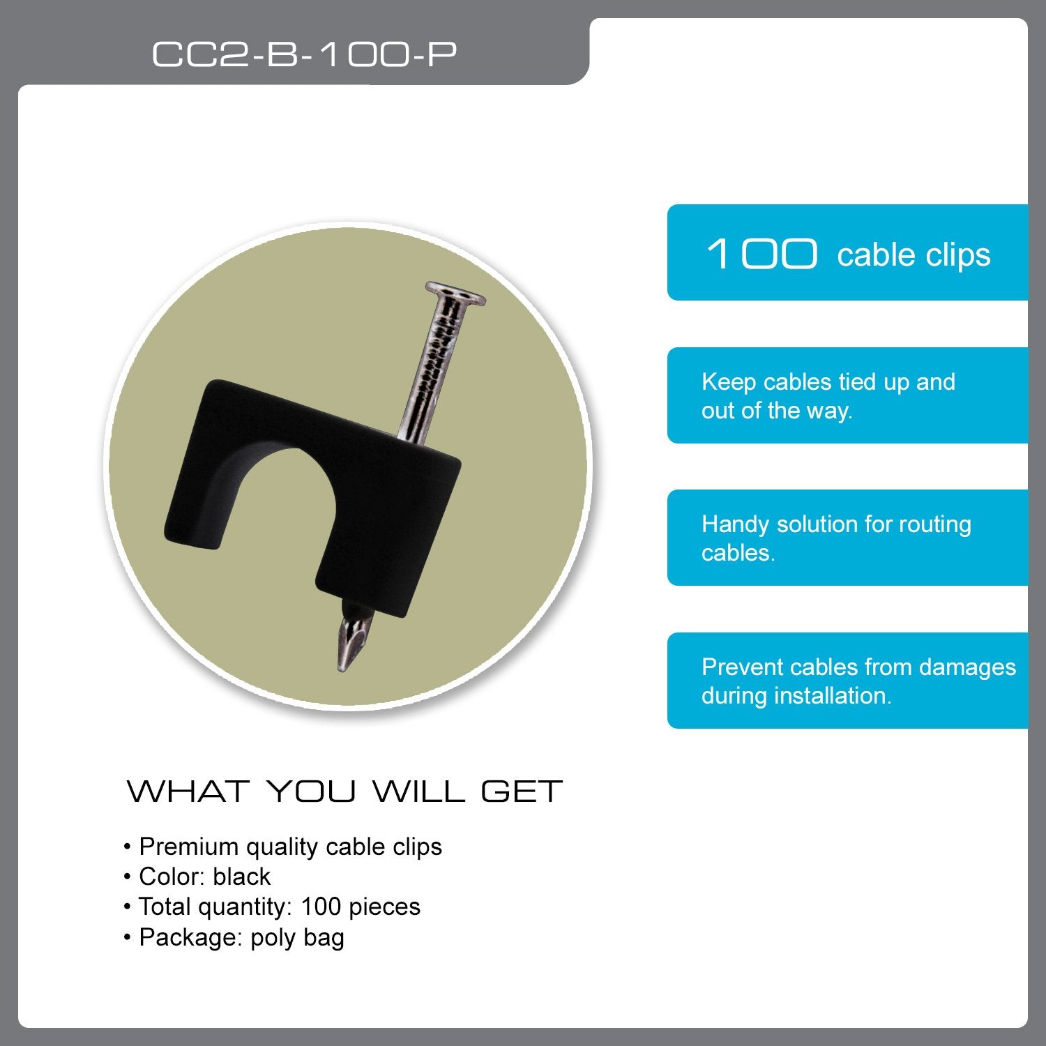 QualGear 6mm Cable Clips, Black, 100 Pack, CC2-B-100-P