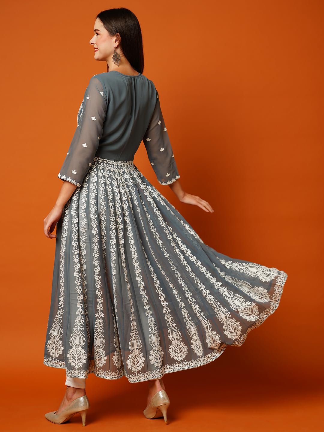 Anni Designer Women'S Georgette Chikankari Embroidered Anarkali Kurti (Kari Grey-Grt_Xxl_Grey_Xx-Large),Grey,2XL,Georgette,Anarkali,