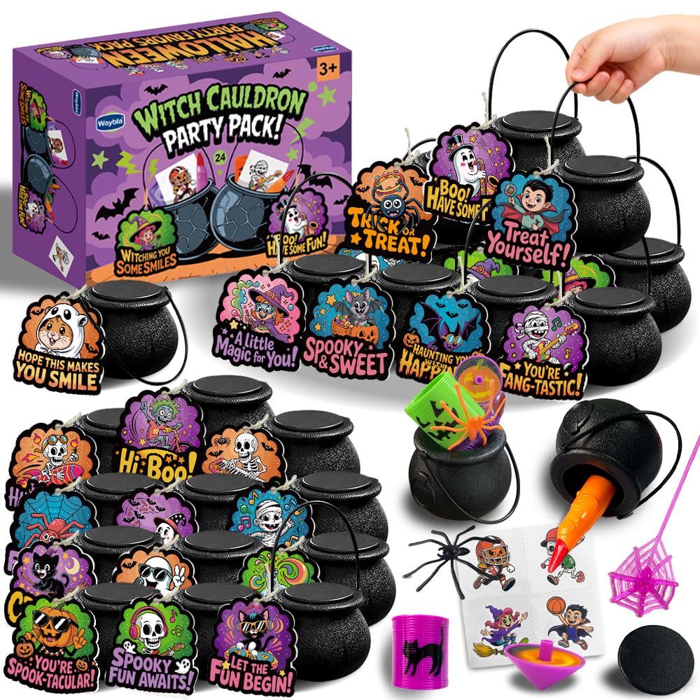 Waybla 192Pcs Halloween Party Favors for Kids - 24 Pack Prefilled Mini Witch Cauldrons with Lids, Toys & Gift Tags - Trick or Tr