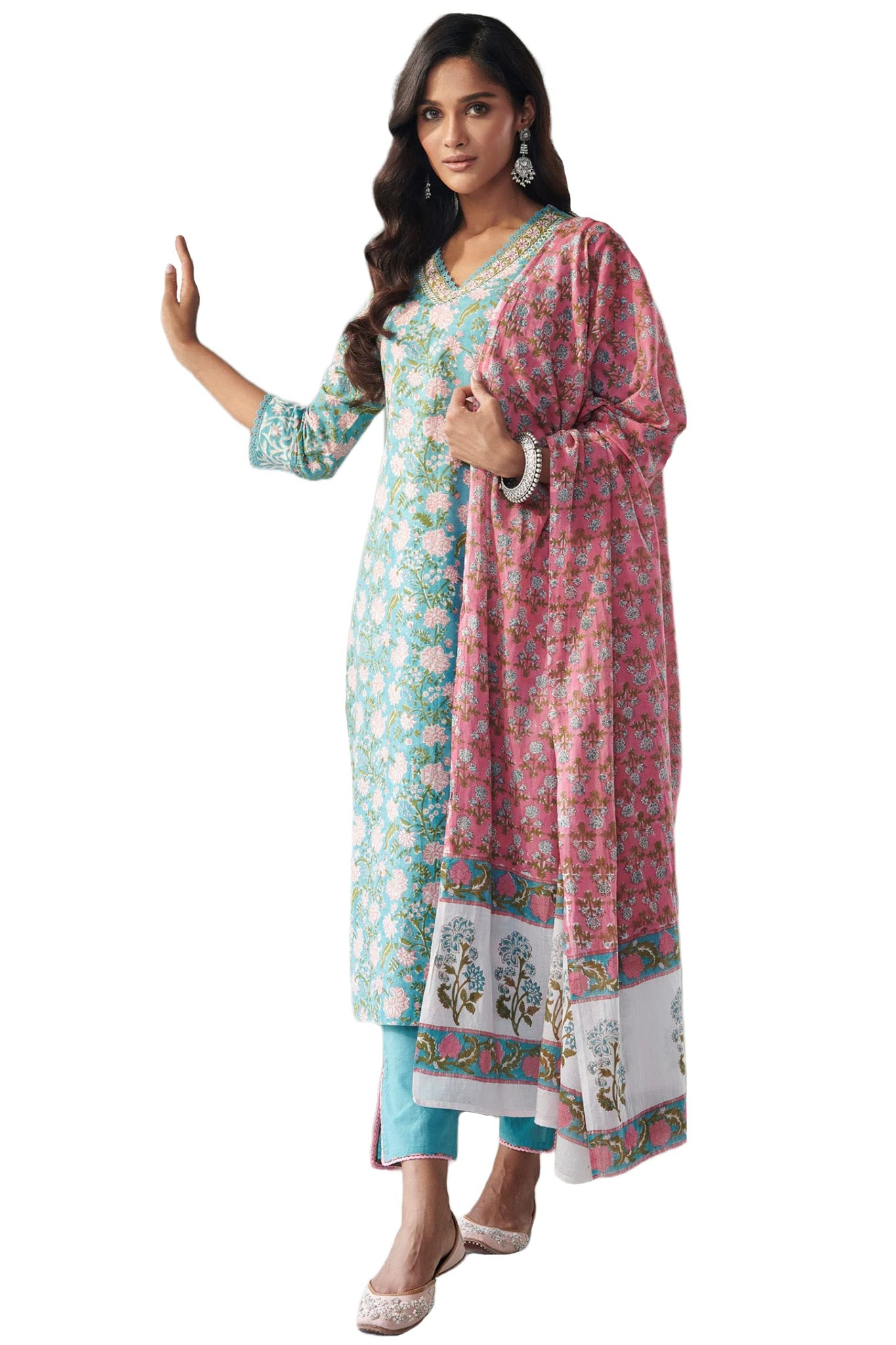 Anni Designer Women'S Cotton Blend Straight Printed Kurta With Pant & Dupatta (Made Green_Xxl_Xx-Large_Green),Green,2XL