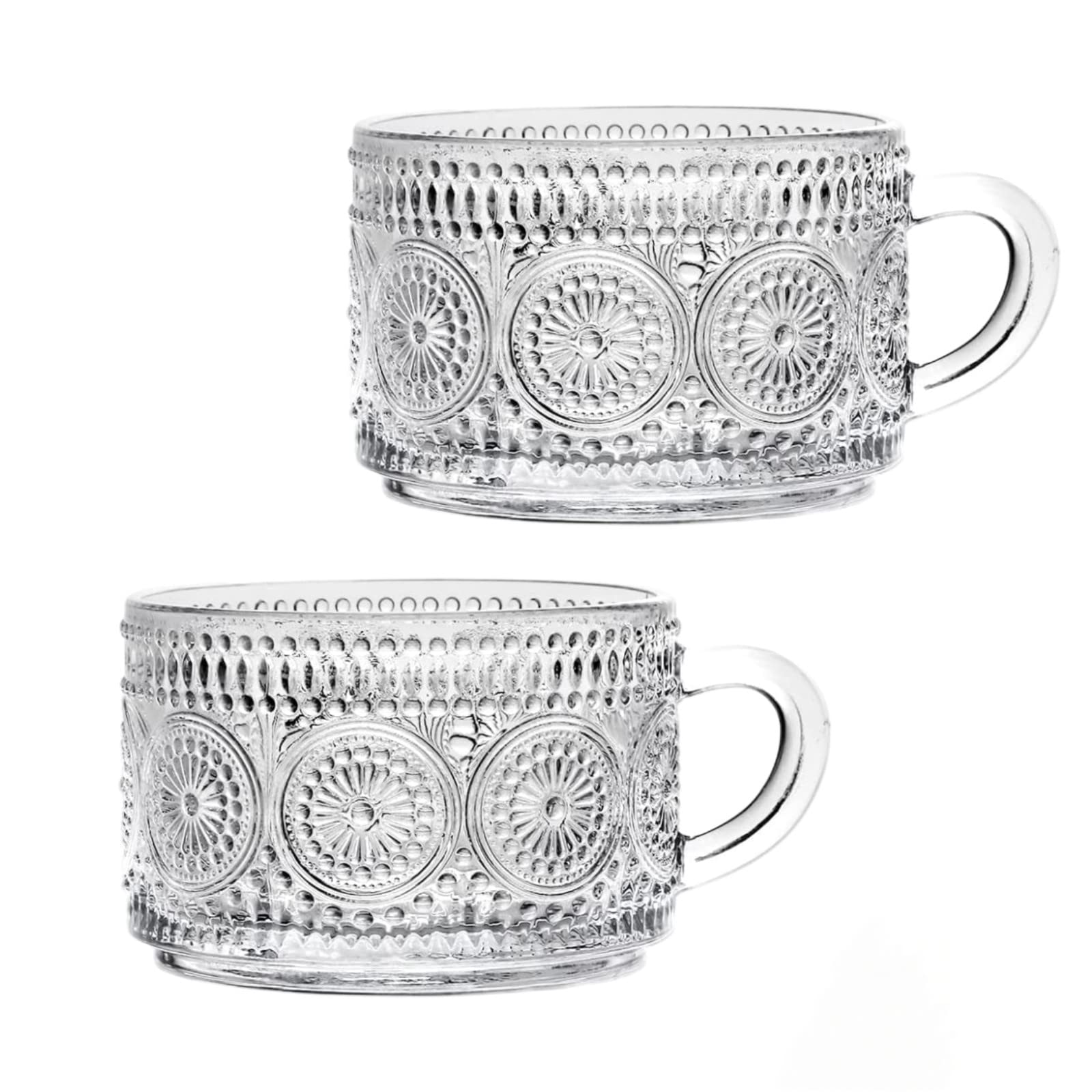 Amzcku Vintage Coffee Tea Cups, Glass Mugs 14 Oz Set of 2 Embossed Glassware with Handle, for Cappuccino, Latte, Cereal, Yogurt,