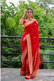 Flosive Womens Kanjivaram Silk Saree With Handloom Weaving Work With Blouse (Red)