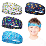 Snowie Soft 4Pack Kids Printed Sports Headbands, MoistureWicking NonSlip Elastic Hair Bands With Adjustable Strap, Soft Stret