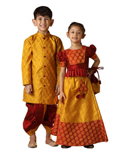 Vastramay Yellow And Maroon Bhai Behen Siblings Matching Set For Rakshabandhan | Silk Blend Banarasi Front Open Kurta And Dhoti Set Introduce A New Ethnic Styles Jacquard Lehenga With Potli Bag