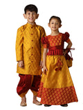 Vastramay Yellow And Maroon Bhai Behen Siblings Matching Set For Rakshabandhan | Silk Blend Banarasi Front Open Kurta And Dhoti Set Introduce A New Ethnic Styles Jacquard Lehenga With Potli Bag