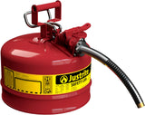 Justrite 2.5 Gallon Type II Red Safety Gas Can for Gasoline with Flame Arrester, Self-Closing Lid, and 1 Flexible Metal Spout, M