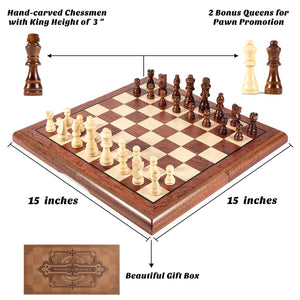 AMEROUS 15'' Magnetic Wooden Chess Set -Folding Board -2 Extra Queens -Chessmen Storage Slots -Gift Package, Travel Chess Board