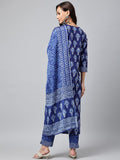 Anni Designer Women'S Cotton Blend Floral Straight Kurta With Pant & Dupatta (Bulgeriya Blue-Nw X-Large),Blue,XL,Cotton Blend,Regular,