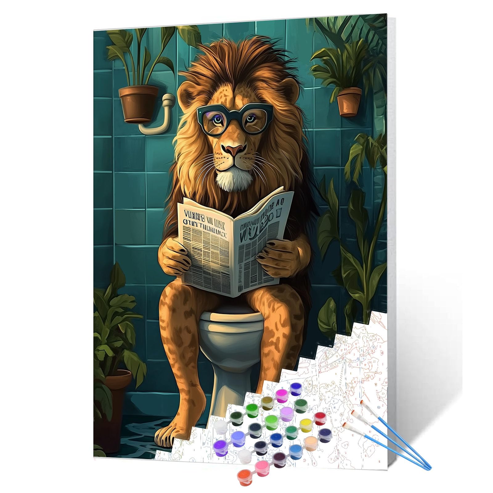 Tucocoo Funny Bathroom Paint by Numbers for Adults Lion in Toilet DIY Oil Painting Gift Kits Tropical Jungle Lion Paint by Numbe