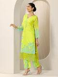 Libas Womens Printed Cotton Straight Kurta With Trousers And Dupatta Green L 99059