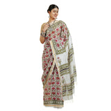 Teejh Vyakhya White And Pink Block Print Chanderi Cotton Saree With Blouse Piece