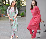 Anni Designer Women'S Cotton Blend Printed Straight Kurta With Pant Pack Of 2 (Combo-Disini-Excel Pink_M_Multi_Medium),Multicolour,M,Cotton Blend,Regular,kurta
