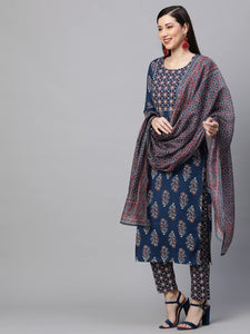 Gosriki Women'S Cotton Blend Straight Printed Kurta With Pant & Dupatta Set (Jasmine Blue-Nv_Xl-Gs_Blue_X-Large),Blue,,B0BL1FN7KR