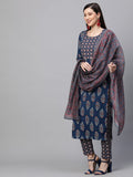 Anni Designer Women'S Cotton Blend Straight Printed Kurta With Pant & Dupatta Set (Jasmine Blue-Nv_Xxl_Blue_Xx-Large),Blue,2XL,Cotton Blend,Regular,Dupatta