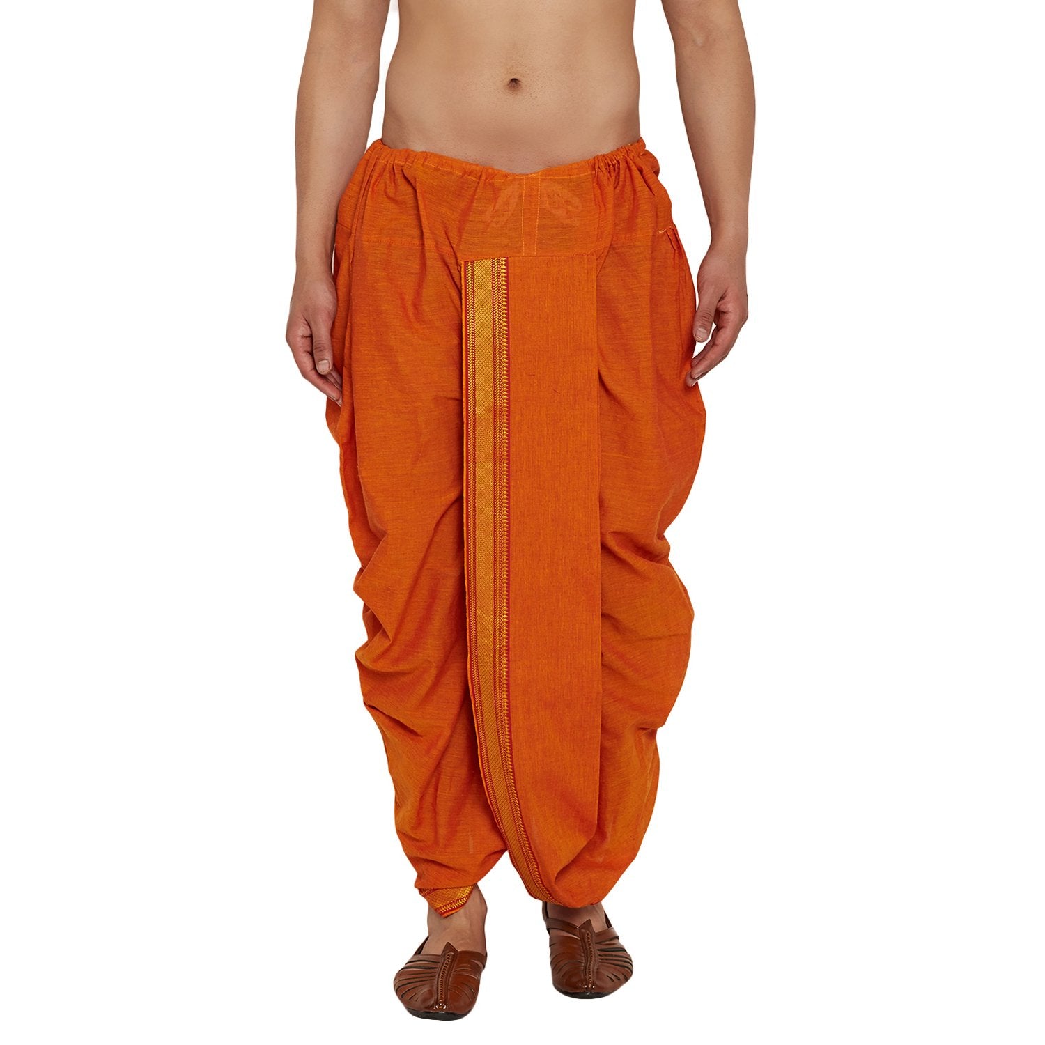 Sojanya Men'S Cotton Silk Dhotis(Orange, Free Size)