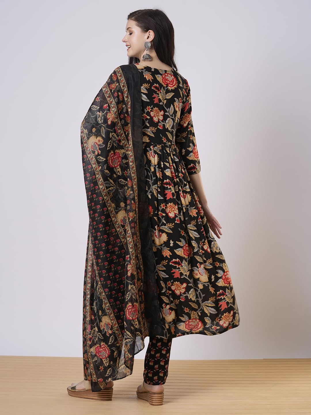 Anni Designer Women'S Rayon Viscose Printed Anarkali Kurta With Pant & Dupatta (Belono Black-Vks01_Xl_Black_X-Large),Black,XL,Rayon,Anarkali,