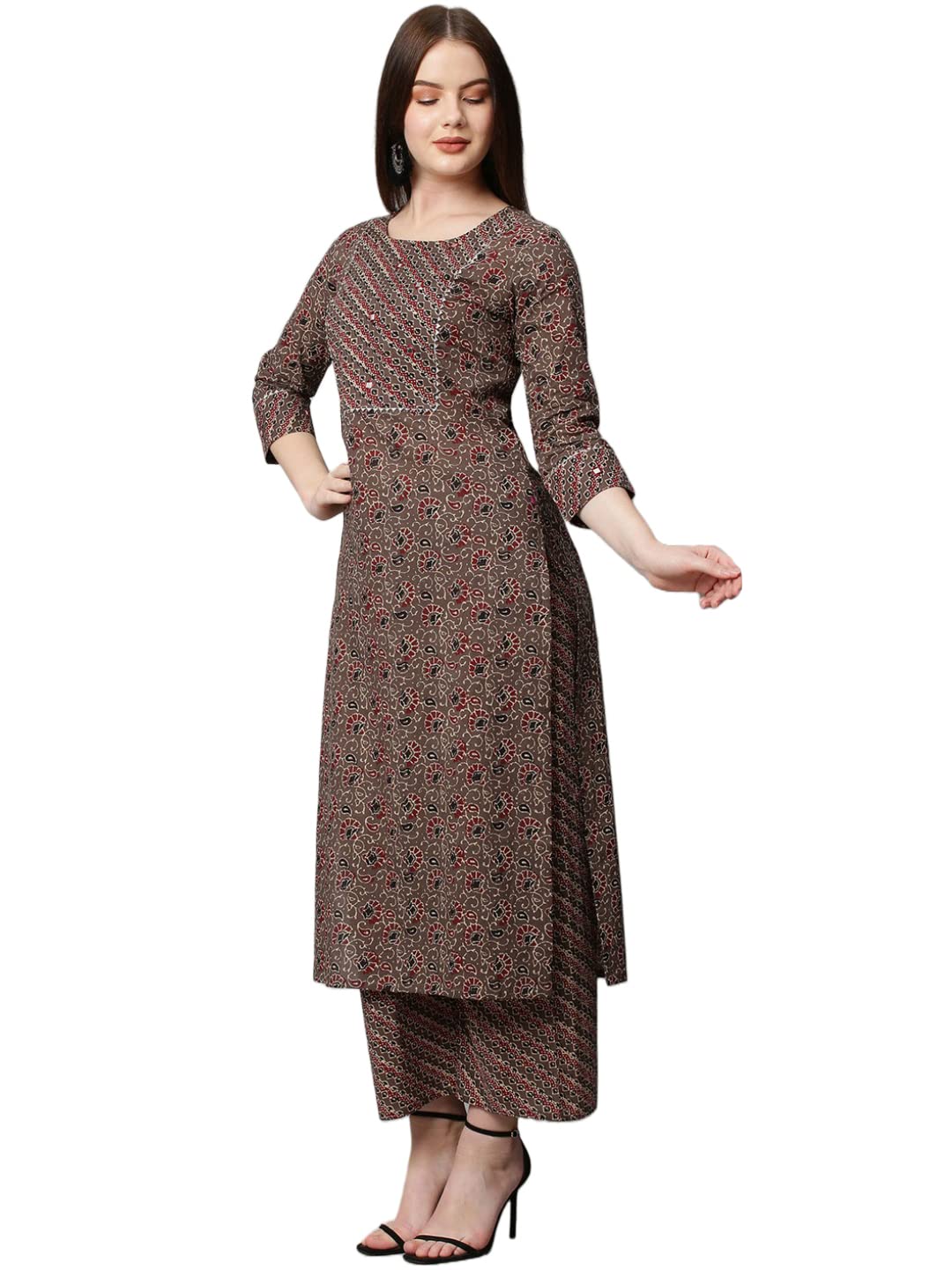 Gosriki Women'S Cotton Blend Traditional Straight Printed Kurta And Palazzo Set (Janar Dark Brown_L-Gs_Dark Brown_Large),Dark Brown,,B0BJ31HVBV