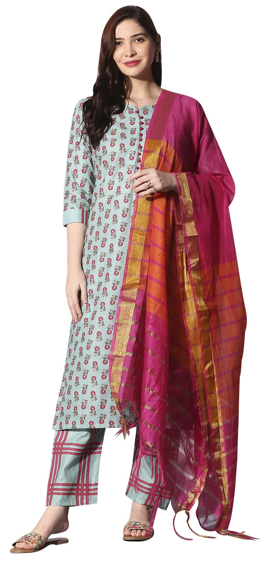 Anni Designer Women'S Cotton Straight Kurta With Pant & Dupatta (Kptd-Cot-10003-Light Green_L_Light Green_Large),Light Green,L