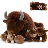 MorisMos 4Pcs Bison Stuffed Animal, 18inch Bison Mommy with 3 Baby Plush Toy, Soft Buffalo Wild Stuffed Animals Gift for Kids, B