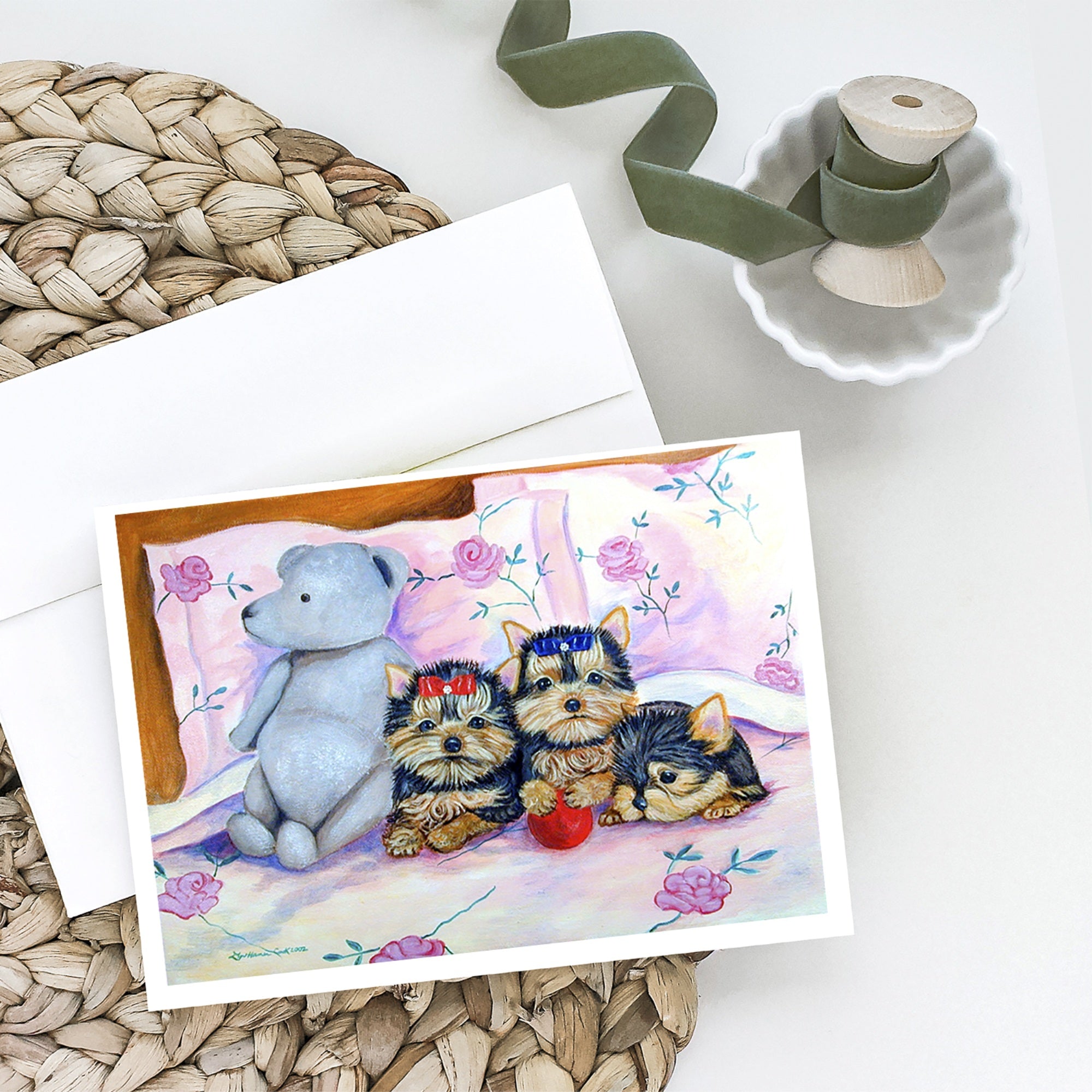 Yorkie Puppies Three In A Row Greeting Cards And Envelopes Pack Of 8