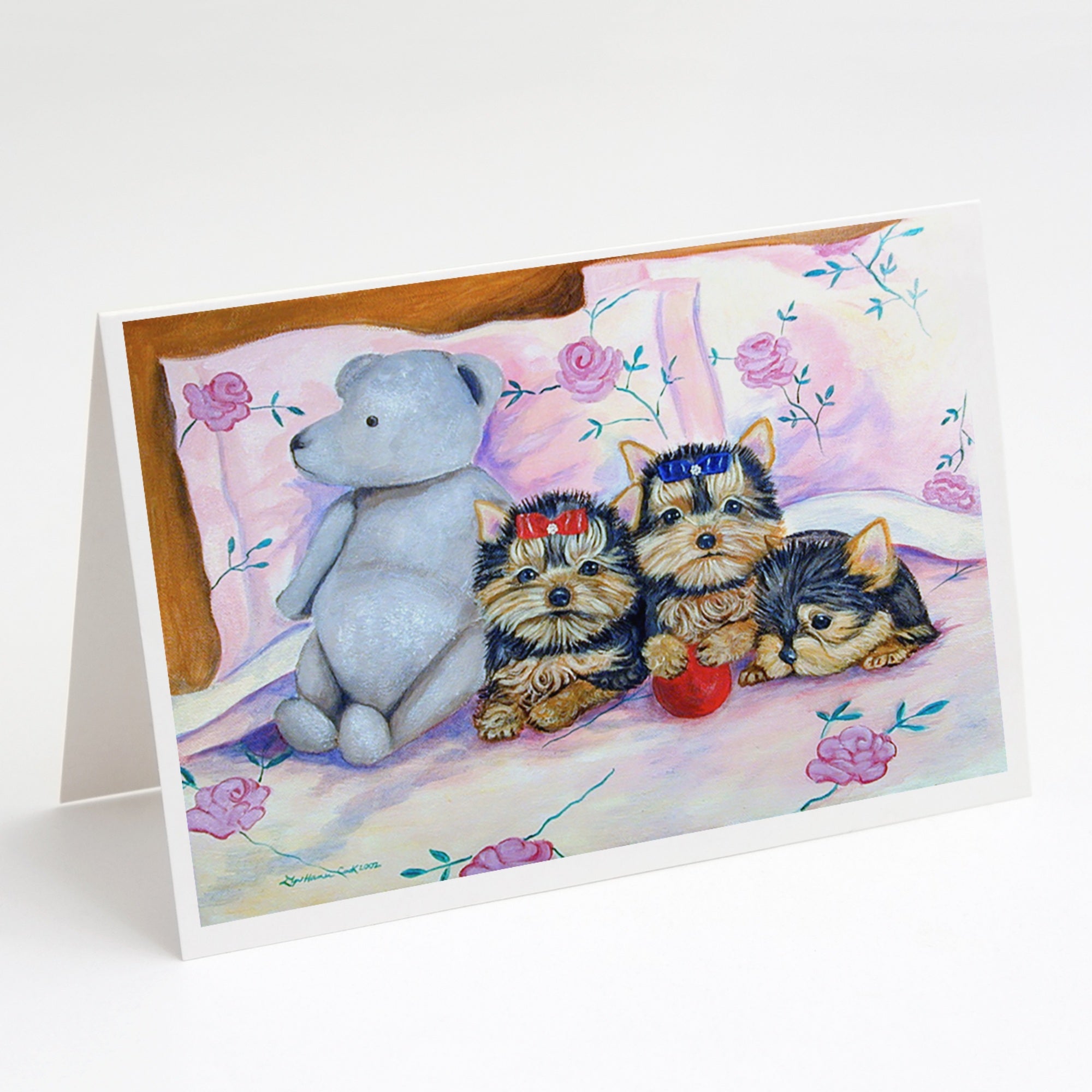 Yorkie Puppies Three In A Row Greeting Cards And Envelopes Pack Of 8
