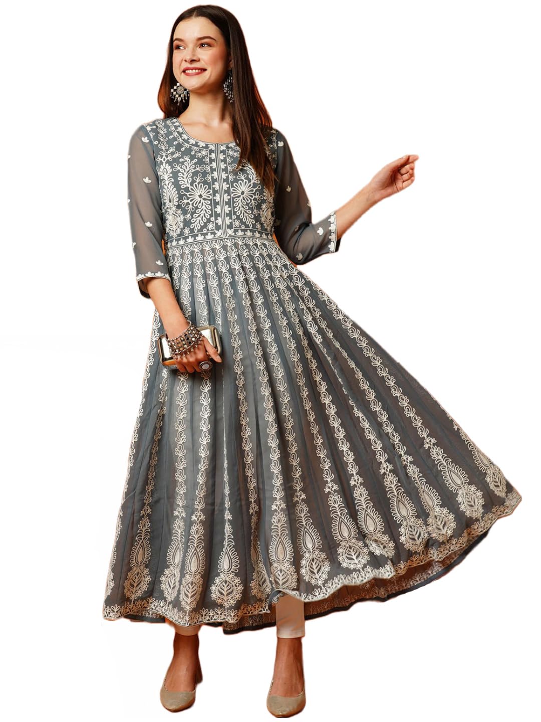 Anni Designer Women'S Georgette Chikankari Embroidered Anarkali Kurti (Kari Grey-Kds_Xxl_Grey_Xx-Large),Grey,2XL