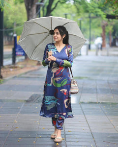 Gosriki Women'S Cotton Blend Straight Printed Kurta With Pant (Barish Blue-Gs_S_Blue_Small),Blue,,B0D9WDP1PF