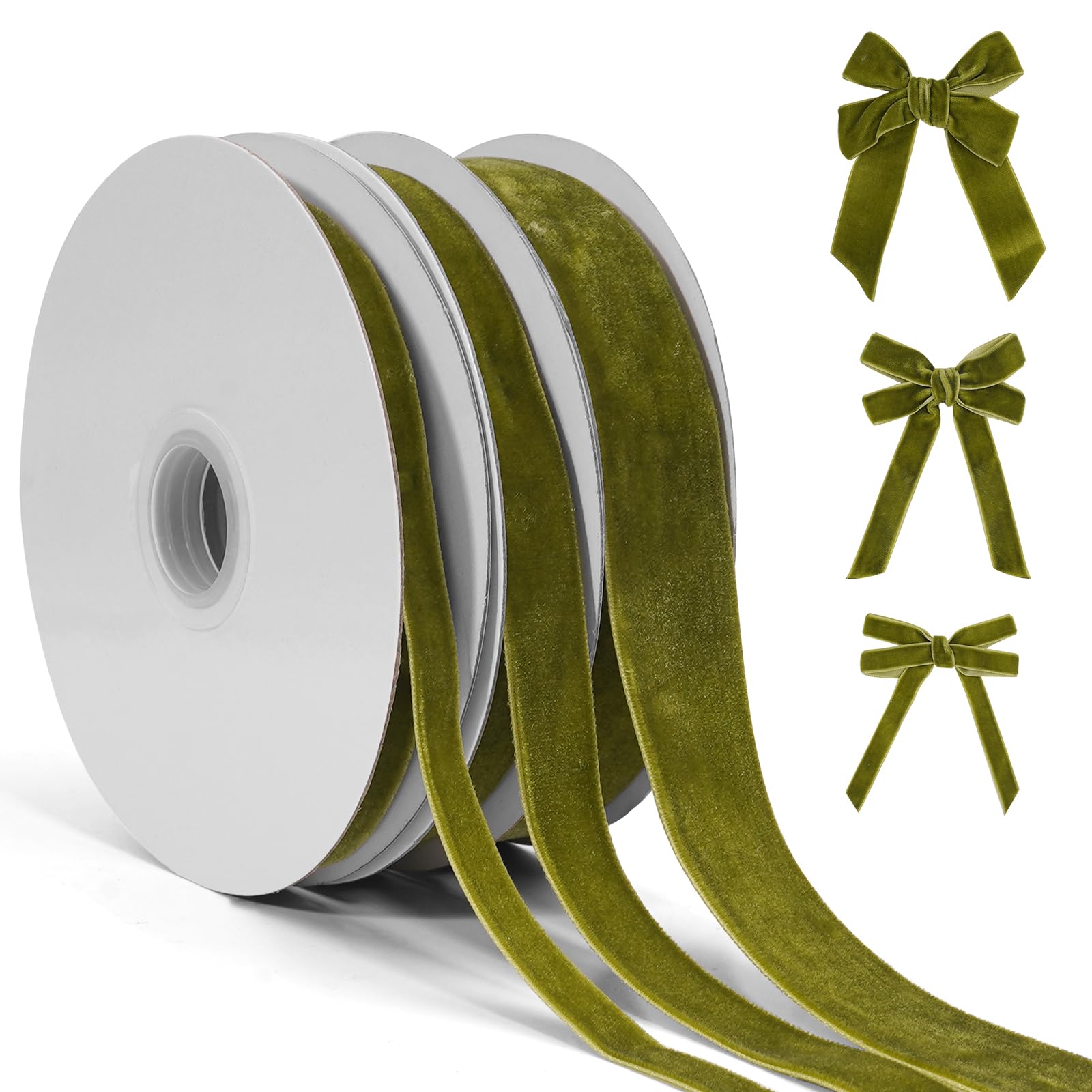 Olive Green Velvet Ribbon for Gift Wrapping, 3 Rolls Vintage Thin Velvet Ribbon Set for Christmas Tree Decoration, 3/8, 5/8, 1 i
