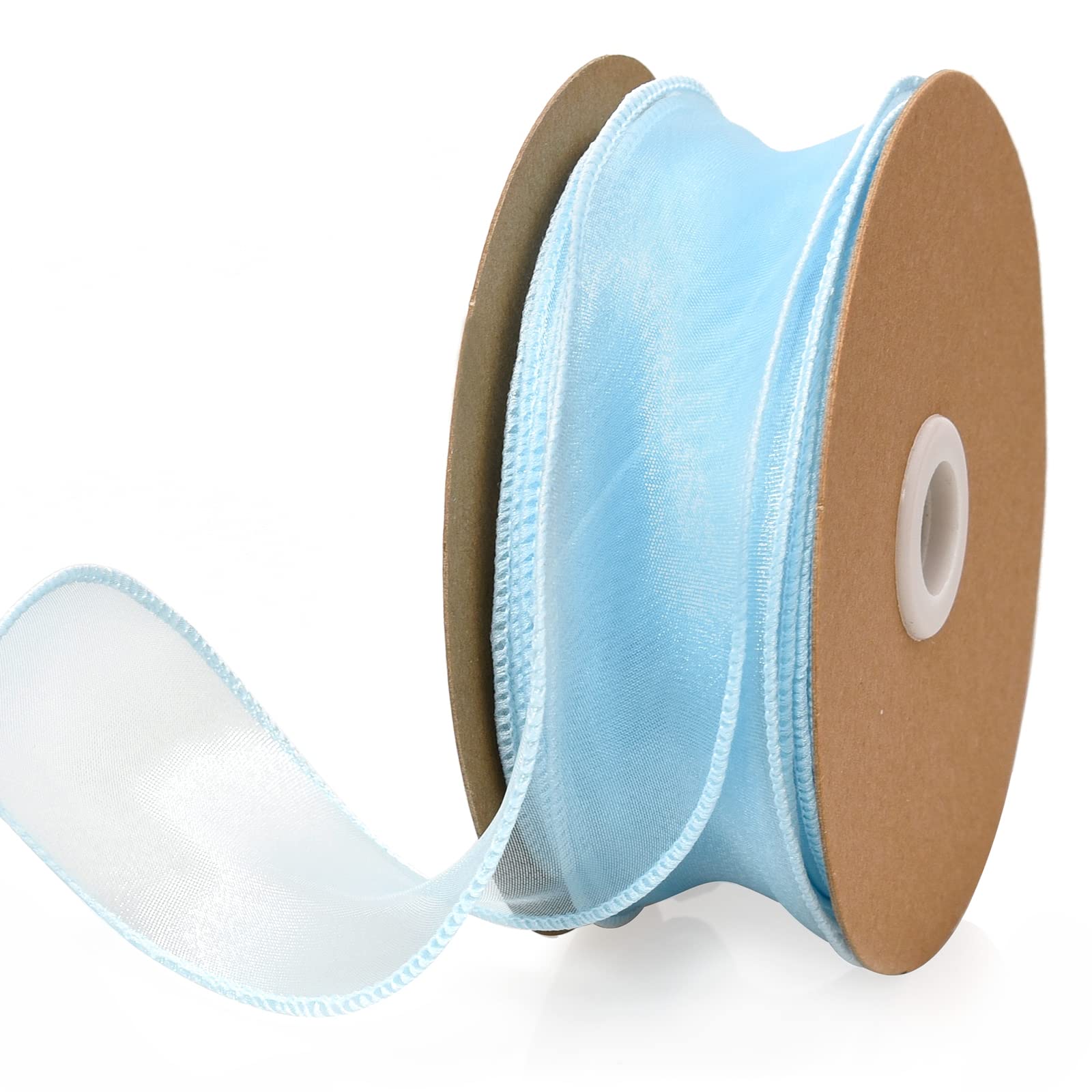 1.5 Inch Sheer Organza Ribbon Light Blue Wavy Knot Wired Ribbon 25 Yards for Gift Wrapping, Bouquet Wrapping,Craft,Christmas-Bir