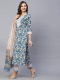 Anni Designer Women'S Cotton Blend Straight Printed Kurta With Pant & Dupatta (Kuntu Green_S_Green_Small),Blue,S,Cotton Blend,Regular,kurta, Dupatta