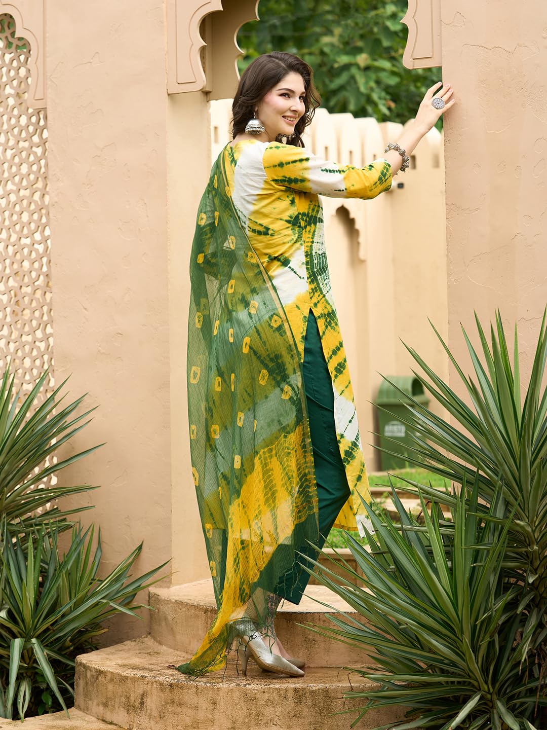 Gosriki Women'S Rayon Blend Straight Printed Kurta With Pant & Dupatta (Kerul Yellow-Gs_L_Yellow_Large),Yellow,,B0CGD7JCB9