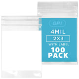 GPI - 2 x 3 - Bulk Pack of 100, 4 Mil Thick, Heavy Duty, Clear Plastic Reclosable Zip Bags, With Write-on White Block for Labeli