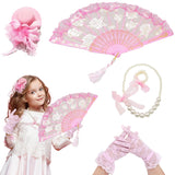 5pcs Tea Party Supplies Tea Party Costume Accessories Kit Includes Tea Party Hat Princess Pearl Necklace Bracelet Folding Fan an