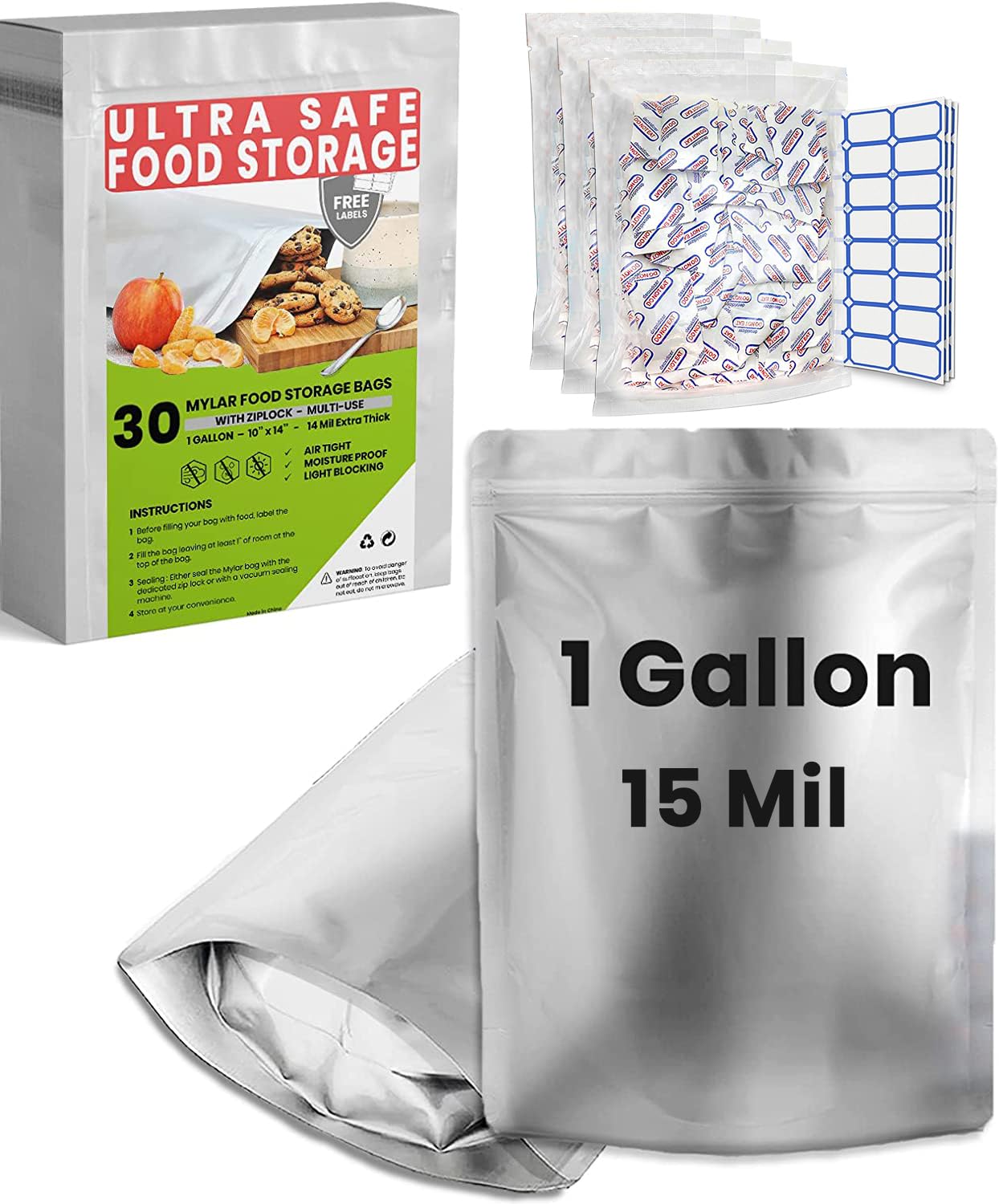 30 Mylar Bags for Food Storage 1 Gallon - Extra Thick 15 Mil - Long Term & Food Grade - Mylar Bags with Oxygen Absorbers 400cc- 