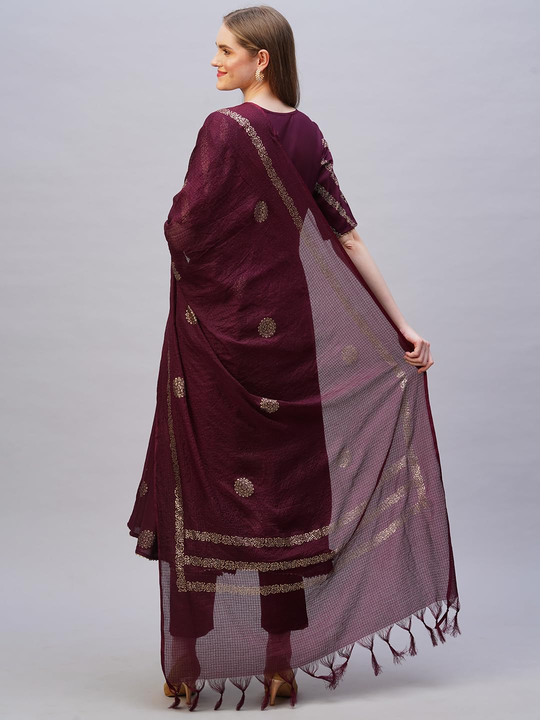 Gosriki Women'S Rayon Blend Printed Anarkali Kurta With Pant & Dupatta (Berlin Wine-Nb-Gs_L_Wine_Large),Wine,,B0CYGR238K